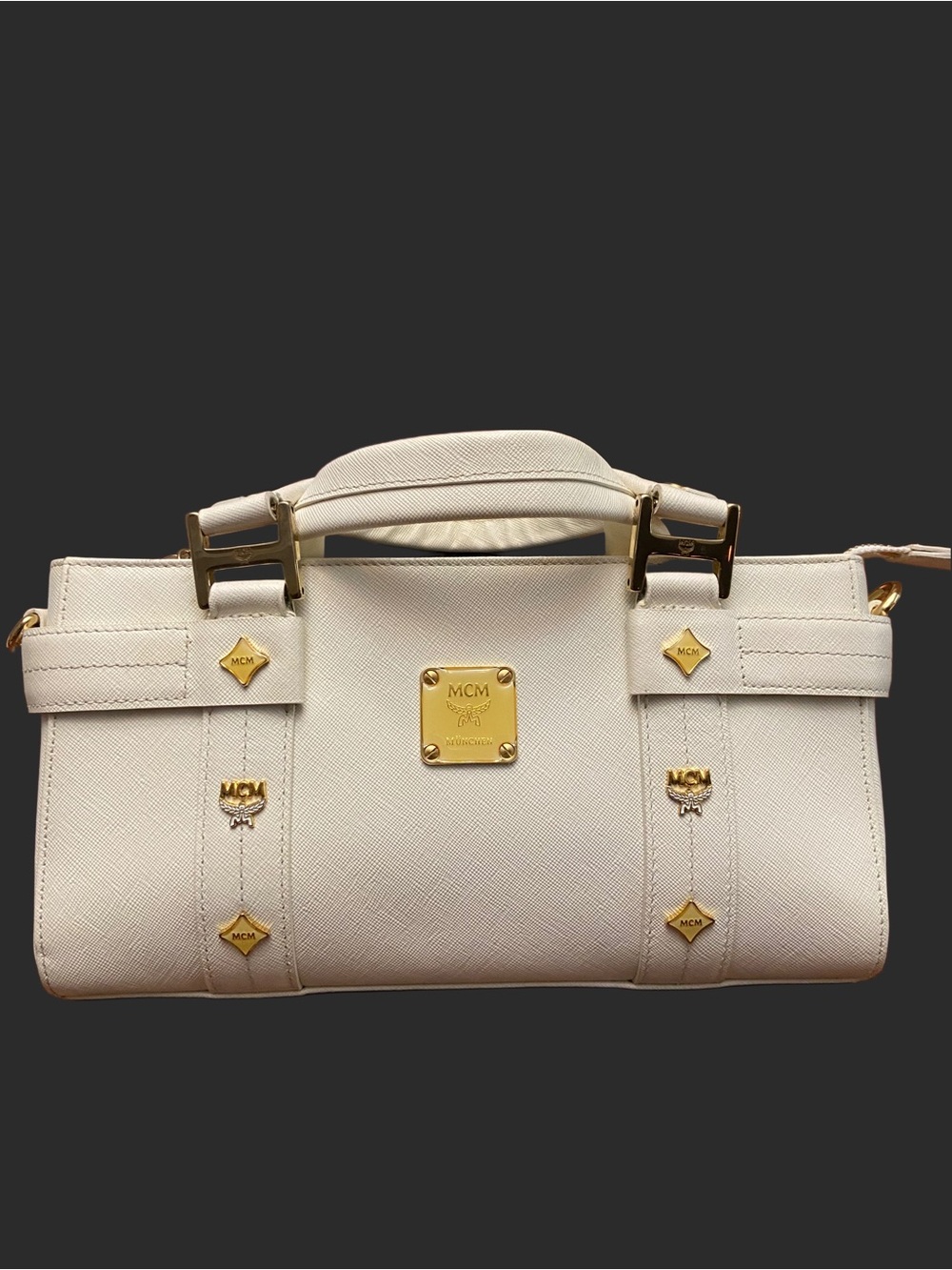 Authentic MCM Ivory Leather Boston Tote / Crossbody with Gold Hardware & Chain - Picture 8 of 16